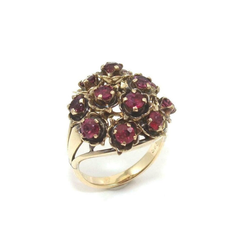 Vintage 14K Yellow Gold Ring Size 4.5 Natural Ruby Cluster Movable Swivel
